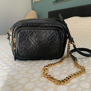 Burberry Black Monogram Embossed Leather Crossbody Bag with Gold Chain